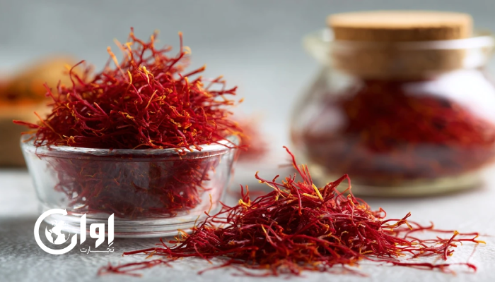 نمای نزدیکی از رشتههای زعفران ممتاز با رنگ قرمز پررنگ و شکل ظریف. اوان تجارت